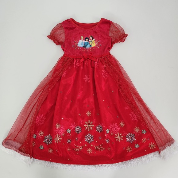Disney Princess Other - Disney Princess Girls size 5T Red Snowflake Holiday dress Faux Fur Trim
